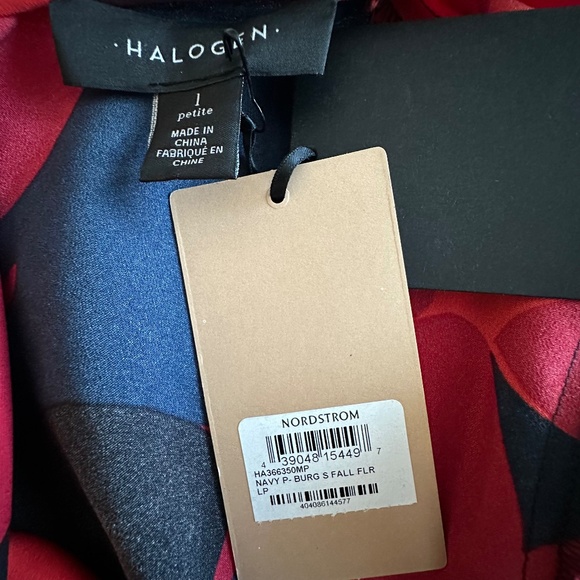 Halogen Women's L Petite Navy Red Floral Print Sleeved Round Neck Midi Dress - Picture 14 of 15